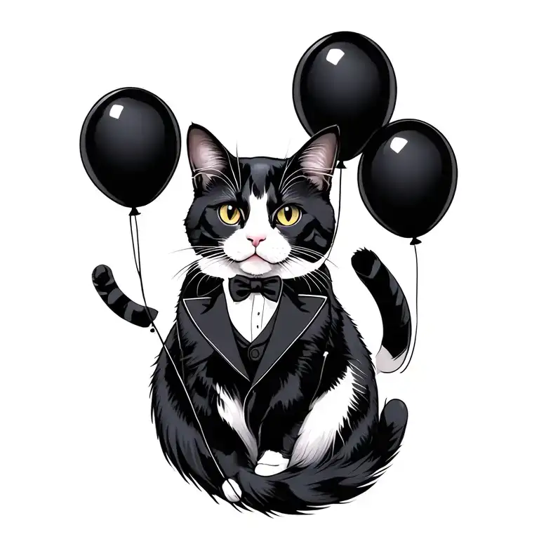 Tuxedo Cat Floating With Black Balloons Floating