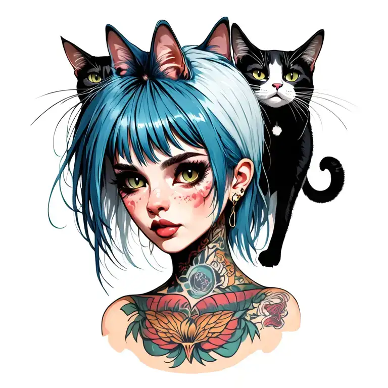 Woman Punk With Gang Of Cats
