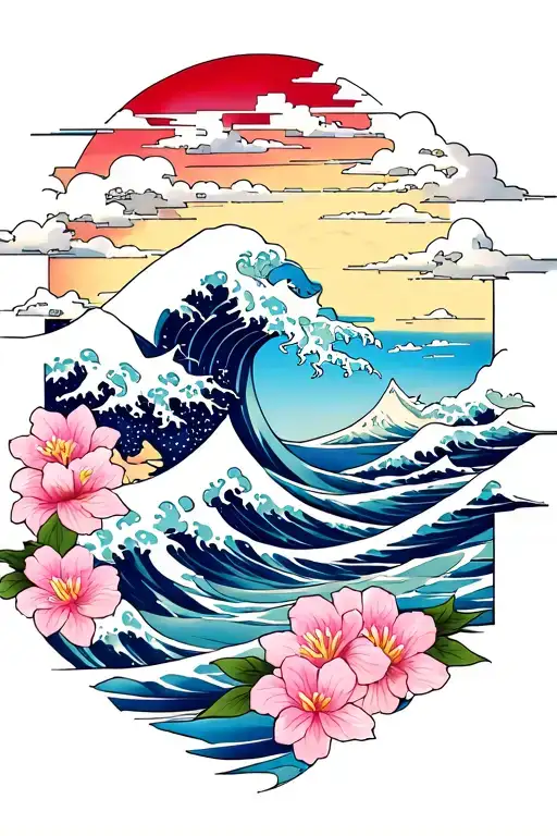 Wave And Mont Fuji And Sakura Flower And Cloud