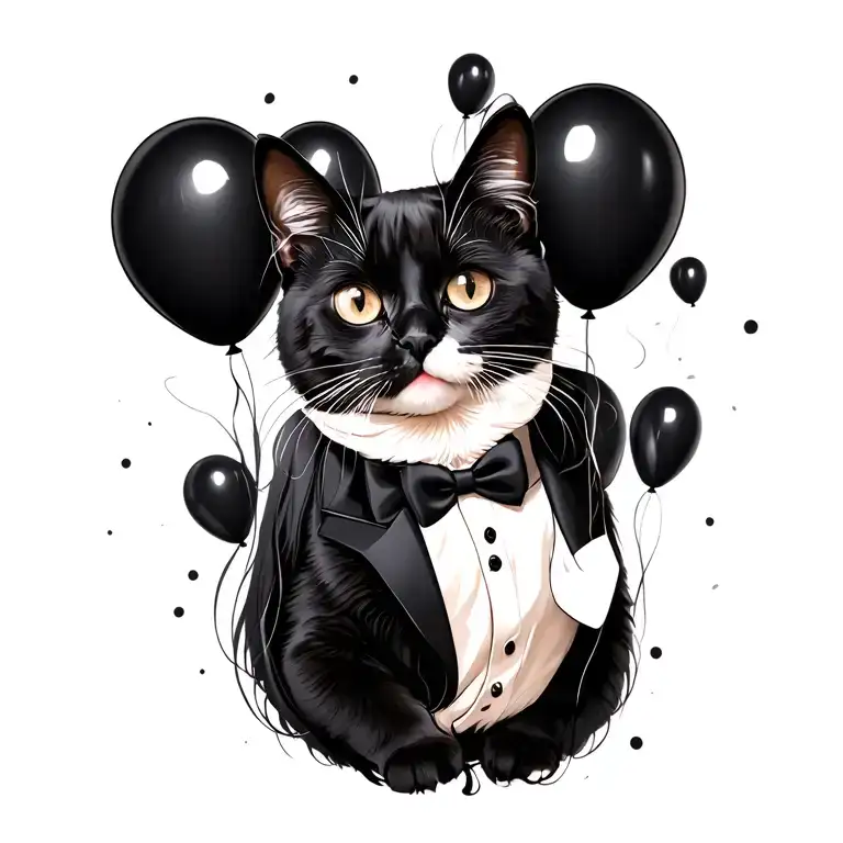 Tuxedo Cat Floating With Black Balloons Floating
