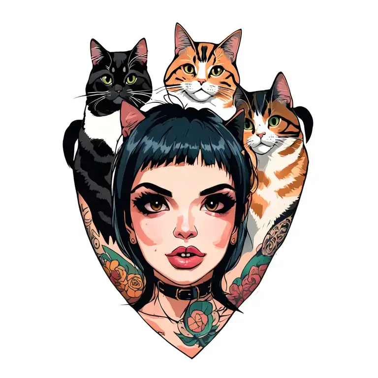 Woman Punk With Gang Of Cats