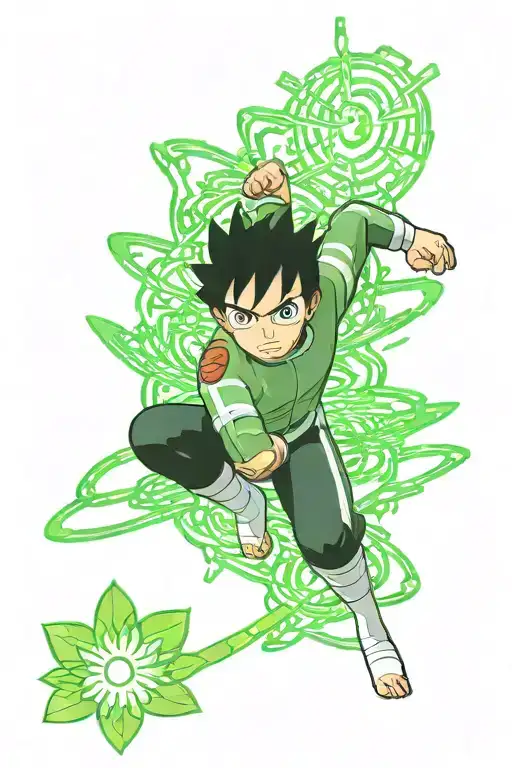 Rock Lee In A Powerfull Pose Surrounded By Green Energy Beams And One Lotus Flower