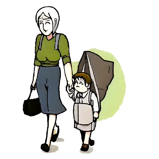 Grandmother With His Grandson Walking And Holding Hands And Carrying Bags
