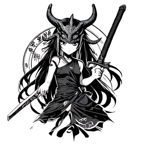 A Girl With A Katana In Her Hand And A Demon Mask On Her Head