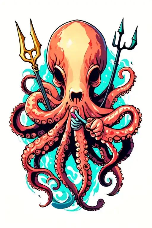 Octopus Holding Trident With Tentcle