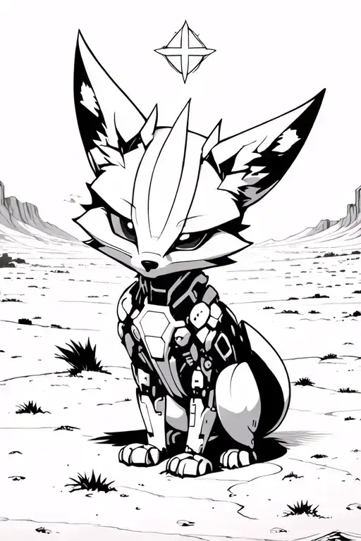 Cyborg Fox In A Desert Landscape Black And White Manga Style With A Single Star Glowing In The Sky