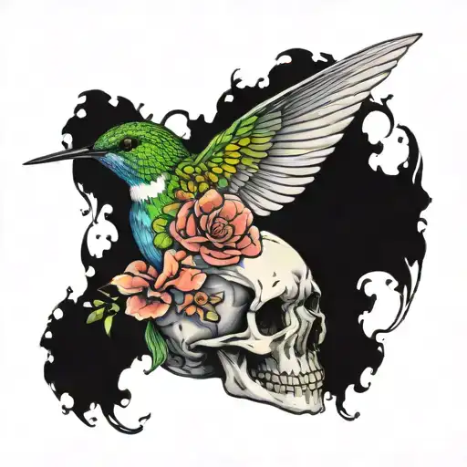 Hummingbird On A Skull With Flowers