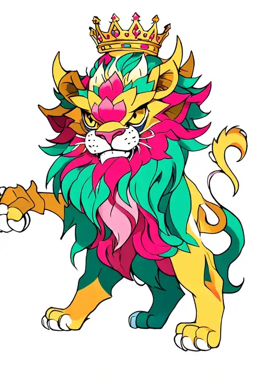 Colored Demon Lion With Crown By Lotus Flower