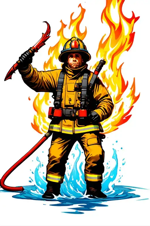 Firefighter Fighting With Fire And Water And A Water Spear And A Red Hose In Hand
