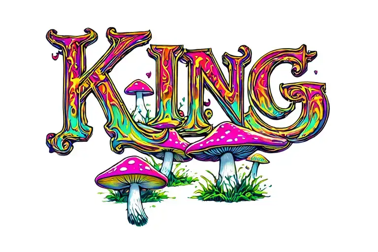 King Word With Platinum From The Top With Psychedelic Mushrooms One Tattoo For Overhead
