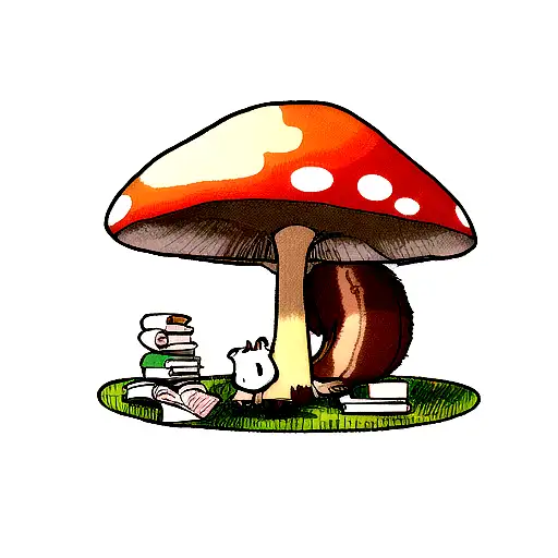 Squirrel Reading A Book Sitting Under A Large Mushroom