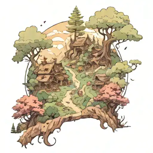 A Whimsical Forest Landscape With Hidden References To Attack On Titan Scattered Throughout
