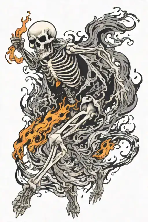 Dancing Skeleton Full Body In Flames Coming Black And White