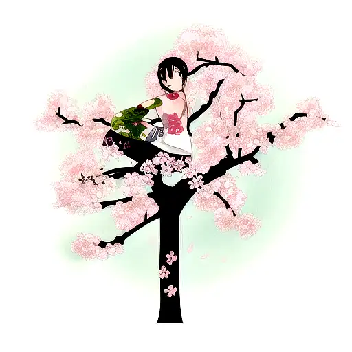 Arm Sleeve Tattoo With Cherry Blossom Tree And Flowers