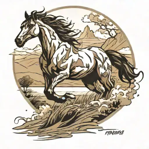 Wild Stallion Running Through A Field With A River And Mountains In The Background