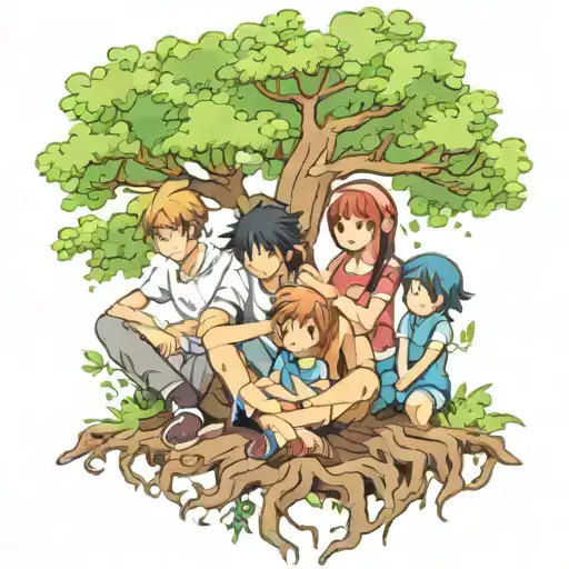 Family Sitting Near Tree Of Life Tree