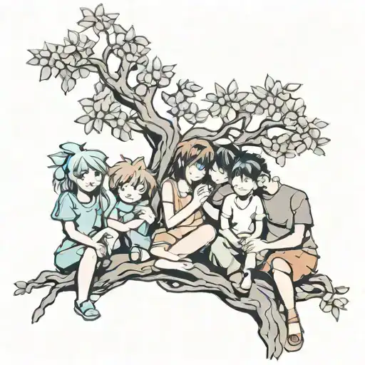 Family Sitting Near Tree Of Life Tree