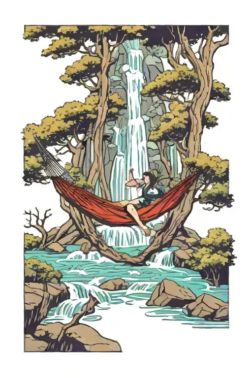 A Hammock In The Woods Beside A Raging River With A Majestic Waterfall