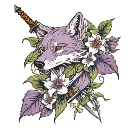 Purple Flowering Nightshade Plant Intertwined With A Sword And A Wolf