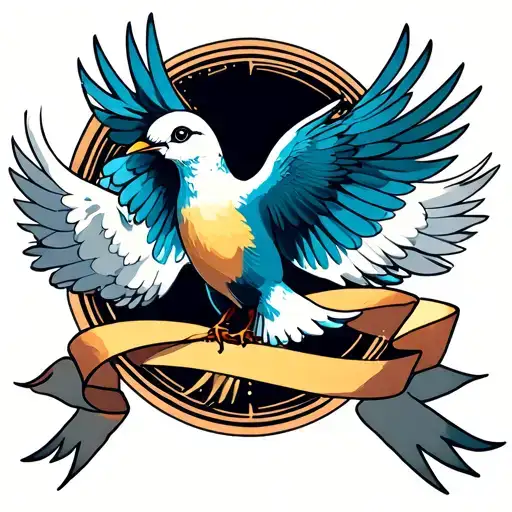 Bird Holding Ribbon Wrapping With Heaven Gates Doves Flying