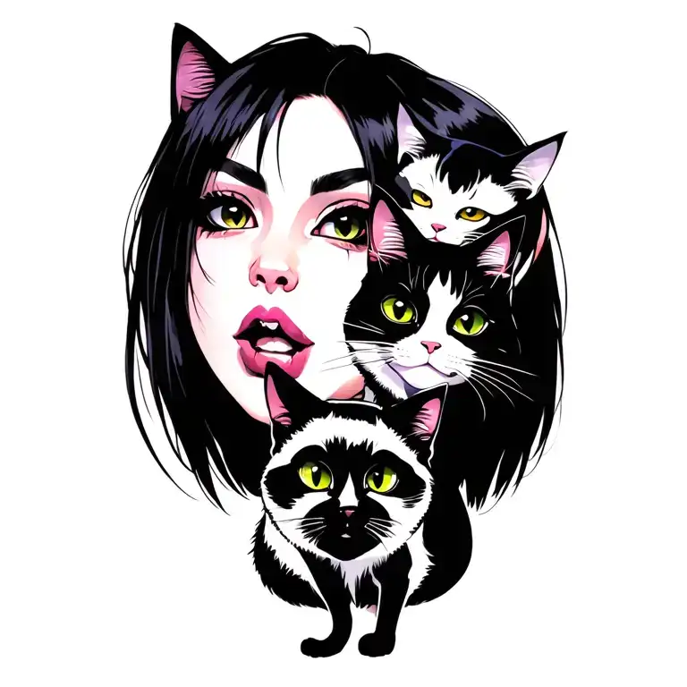 Woman Punk With Gang Of Cats