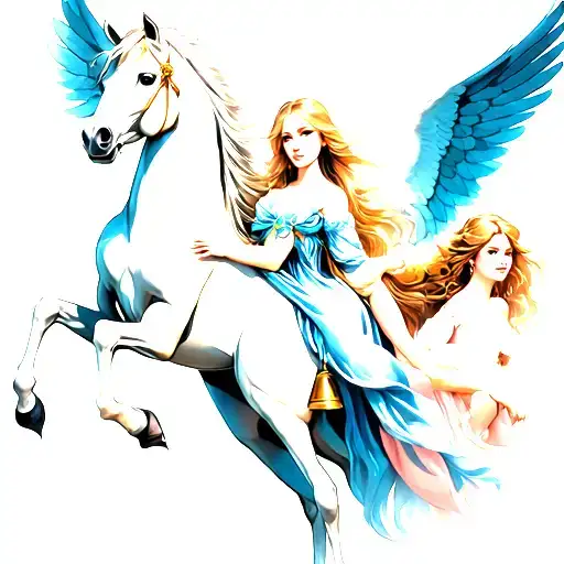 Dove And White Horse And Clouds And Women And Angel And Devil Behind Her Bells