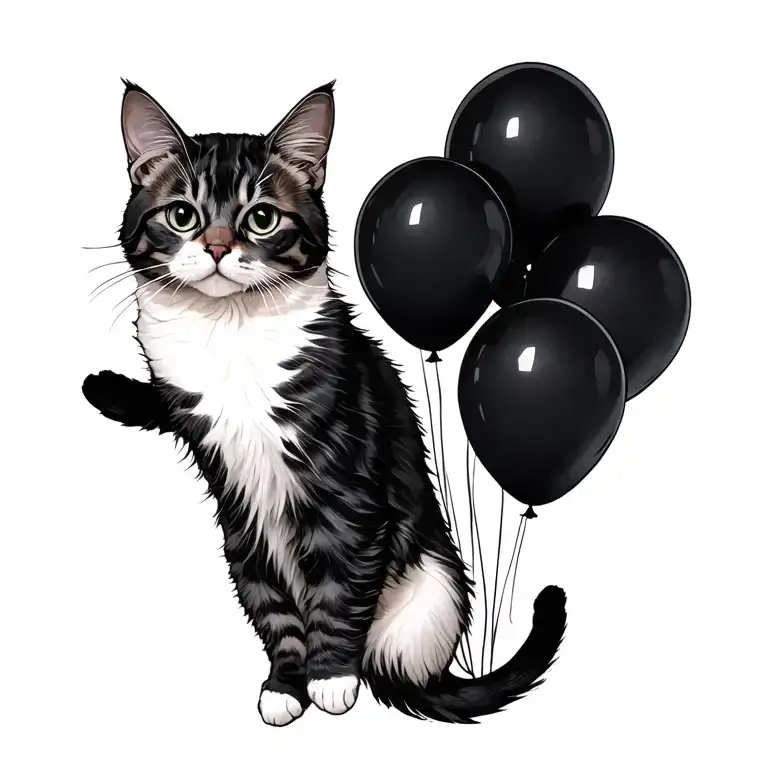 Cat Floating With Black Balloons Floating