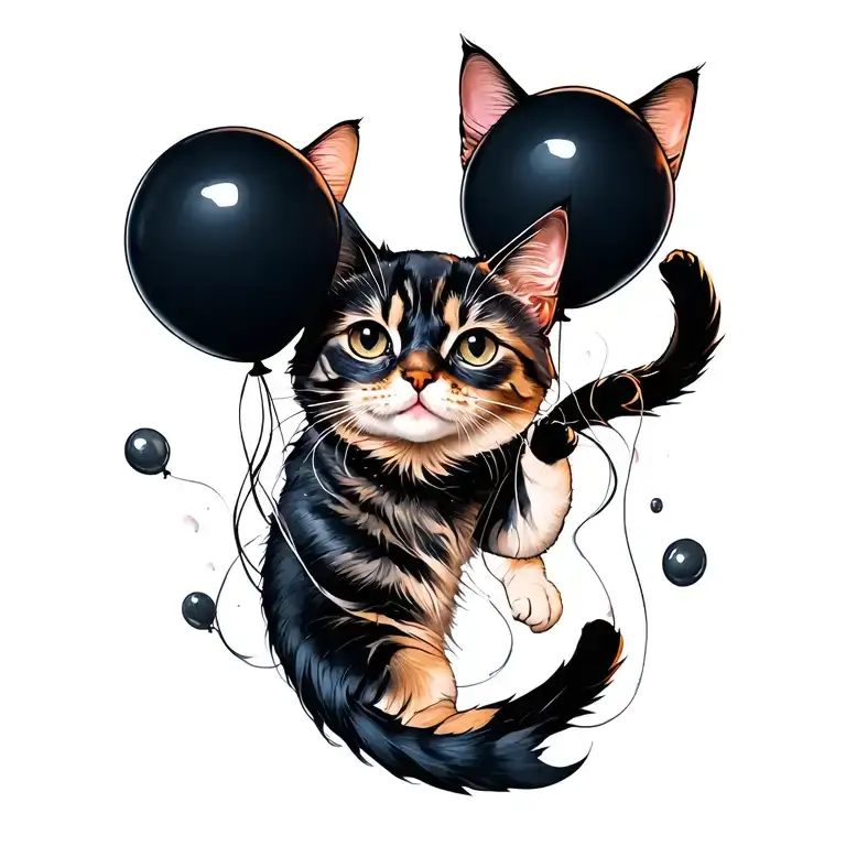 Cat Floating With Black Balloons Floating