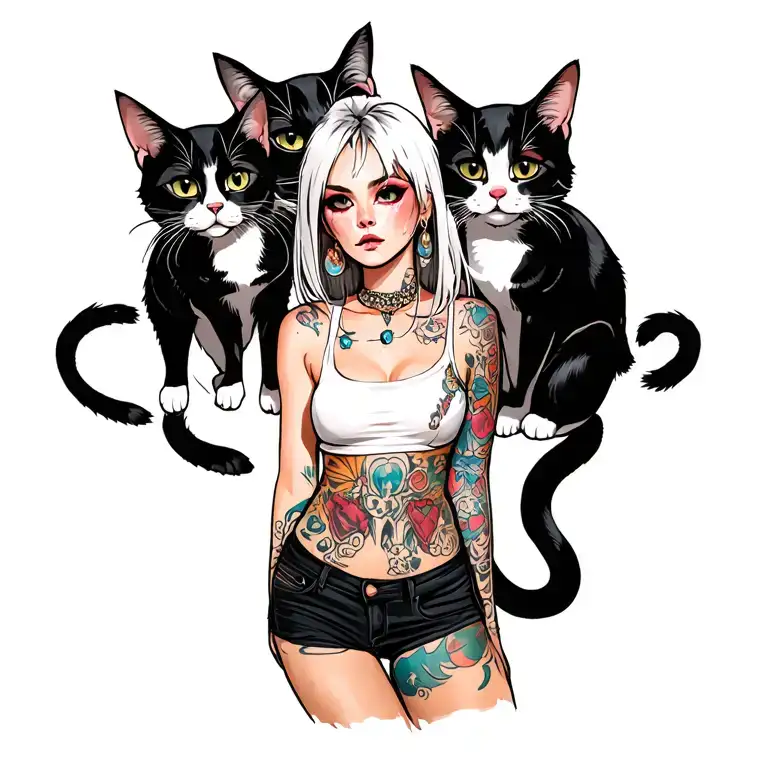 Woman Punk With Gang Of Cats