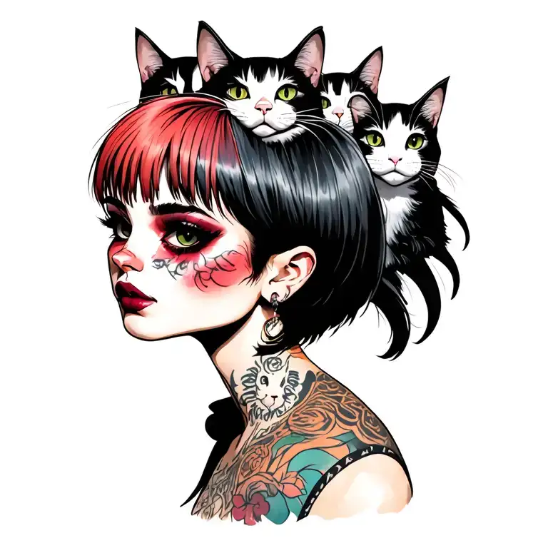 Woman Punk With Gang Of Cats