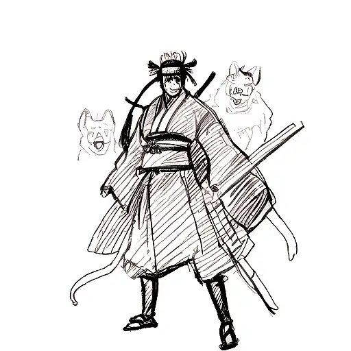 A Sketch-style Depiction Of A Samurai And A Pack Of Raging Mad Dogs