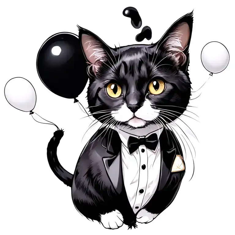 Tuxedo Cat Floating With Black Balloons Floating