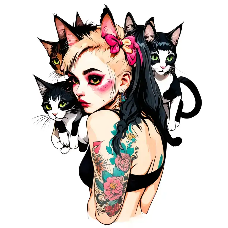 Woman Punk With Gang Of Cats