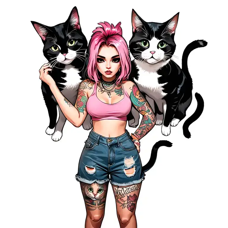 Woman Punk With Gang Of Cats