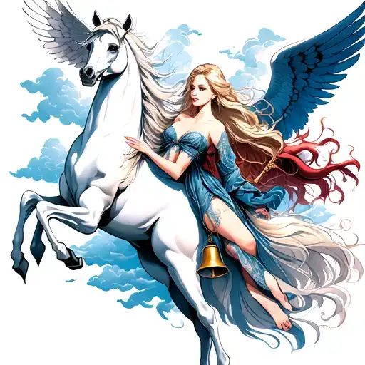 Dove And White Horse And Clouds And Women And Angel And Devil Behind Her Bells