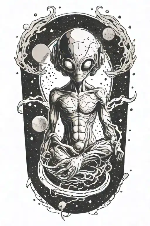 A Minimalist Sketch Of A Mysterious Alien Figure Surrounded By Swirling Galaxies And A Radiant Sun