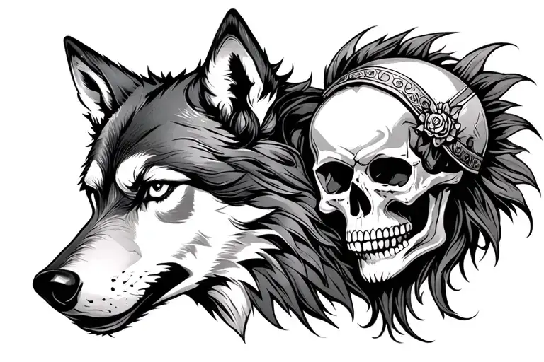 Wolf's Head With A Warrior Woman Head And Death Skull