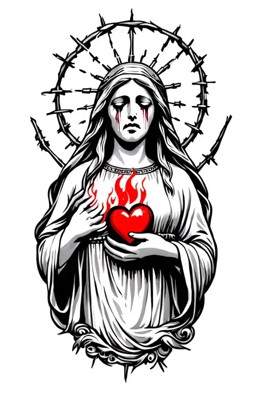 Mexican Crying Virgin Mary With Barbed Wire And A Flaming Heart