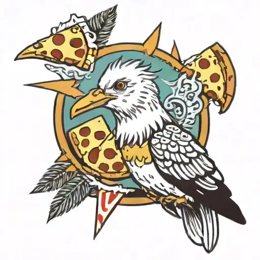Seagull In Animal Print Feathers With A Mohawk And A Slice Of Pizza In It's Beak