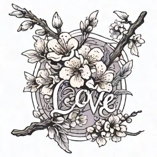 Cherry Blossom Twig With Lavender Flowers And In The Twig Is Carved The Word Love