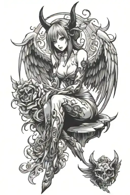 Black And White Tattoo Of A Feminine Sexy Devil Angel