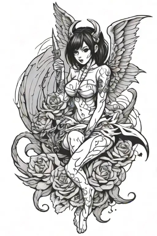 Black And White Tattoo Of A Feminine Sexy Devil Angel