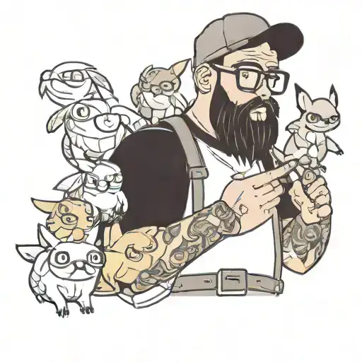 A Large White Warehouse Worker With A Beard And Big Glasses Surrounded By Pokemon