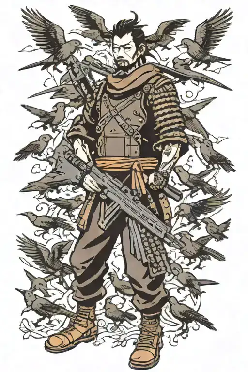 Samurai Wearing All Black Ar 15 Rifle Surrounded By A Flock Of Crows