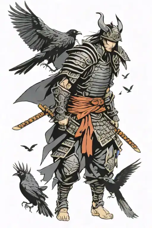 Samurai Wearing All Black Armor Surrounded By A Flock Of Crows