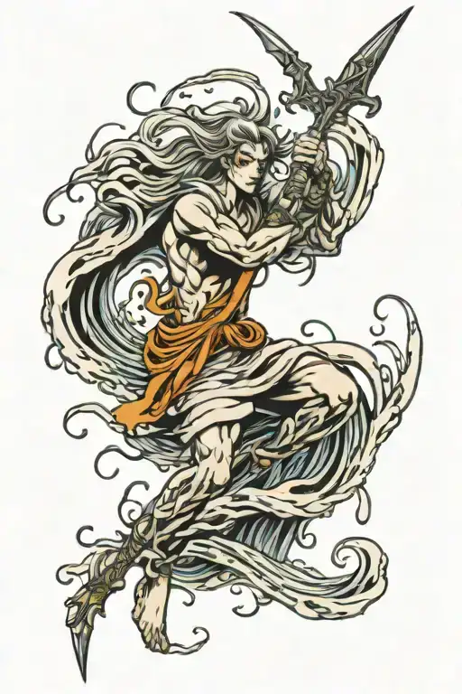 Ghostly Figure Holding Trident With Water Swirling Around It