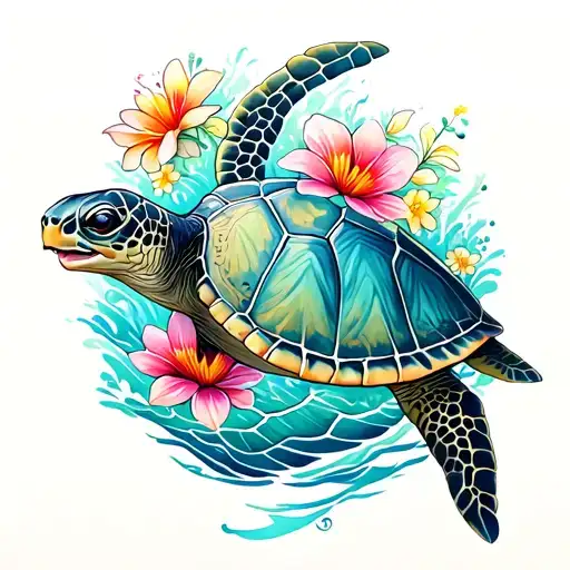 Sea Turtle Swimming Gracefully With Beautiful Flowers And Ocean Waves Around It