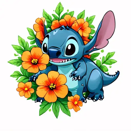 Stitch And Dinosaur With Nasturtium Flowers