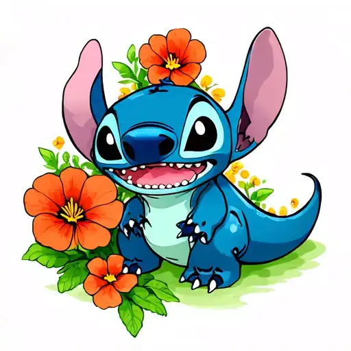 Stitch With Dinosaur And Nasturtium Flowers