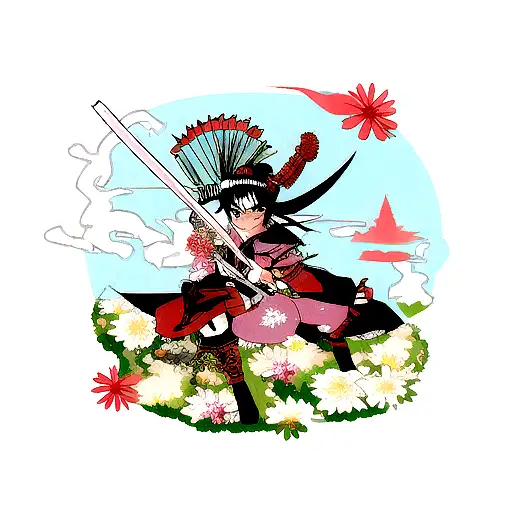 Samurai With Shwords And Flowers